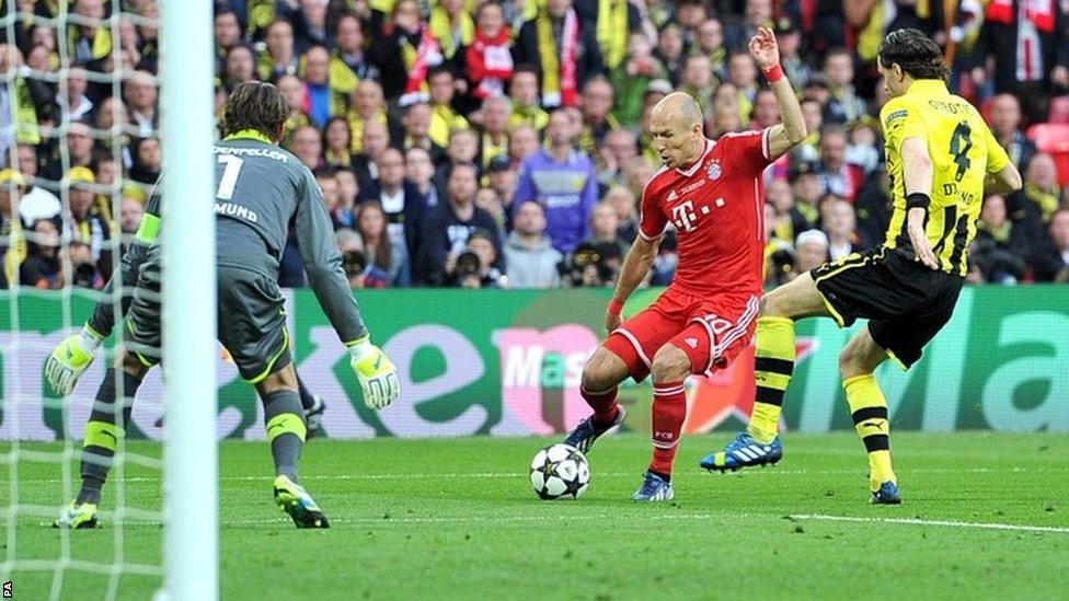 Bayern Munich forward Arjen Robben shoots at goal