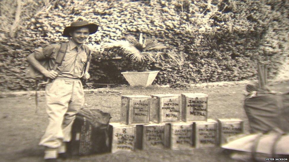 Peter Jackson with his supply boxes on his expedition to Everest