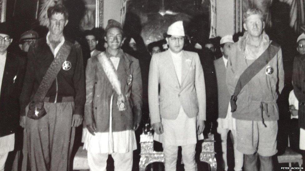 Edmund Hillary and Tenzing Norgay with the King of Nepal