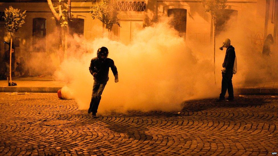 Tear gas is fired on protesters near the Turkish prime minister's office between Taksim and Besiktas in Istanbul on 2 June.