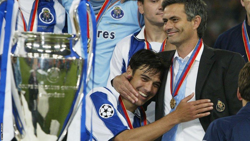 Jose Mourinho celebrates winning the Champions League with Porto