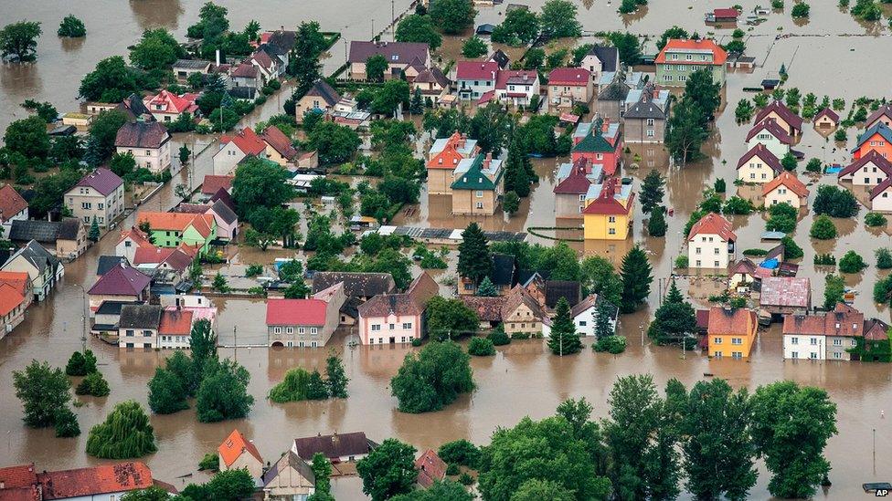 Aerial view of flooded Czech village Kresice, north of Prague, on 4 June 2013