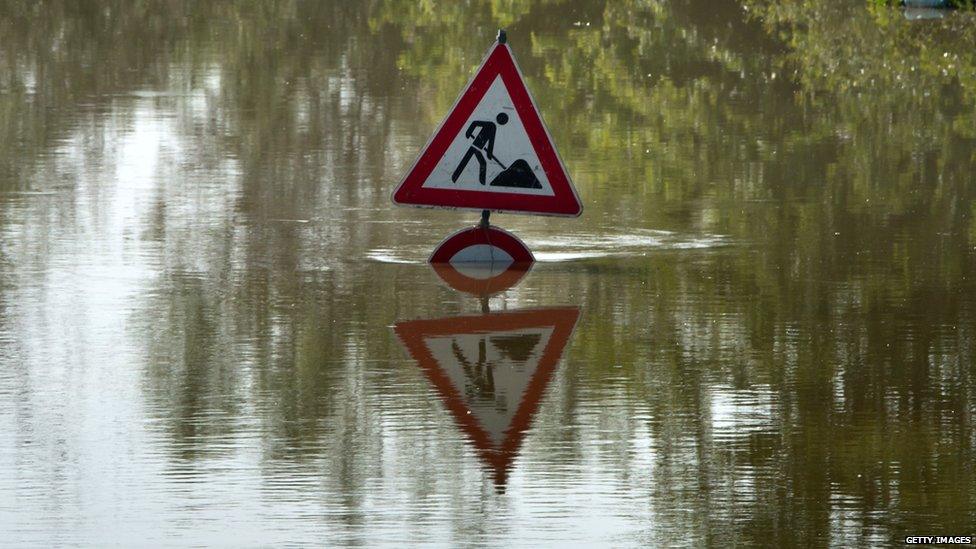 The flooded Autobahn (motorway) A3 in Deggendorf, Germany, 7 June 2013