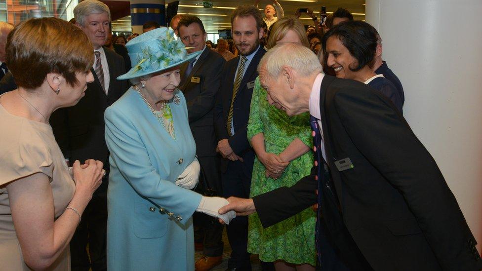 HM Queen Elizabeth II, with Fran Unsworth (L), being introduced to broadcaster John Humphrys