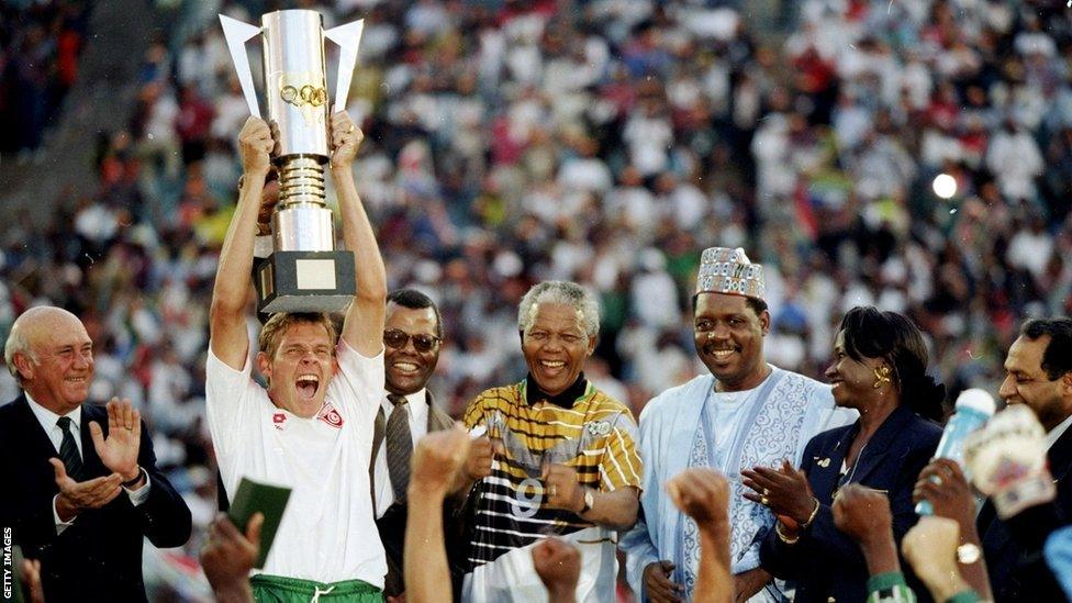 Nelson Mandela with the South Africa football team