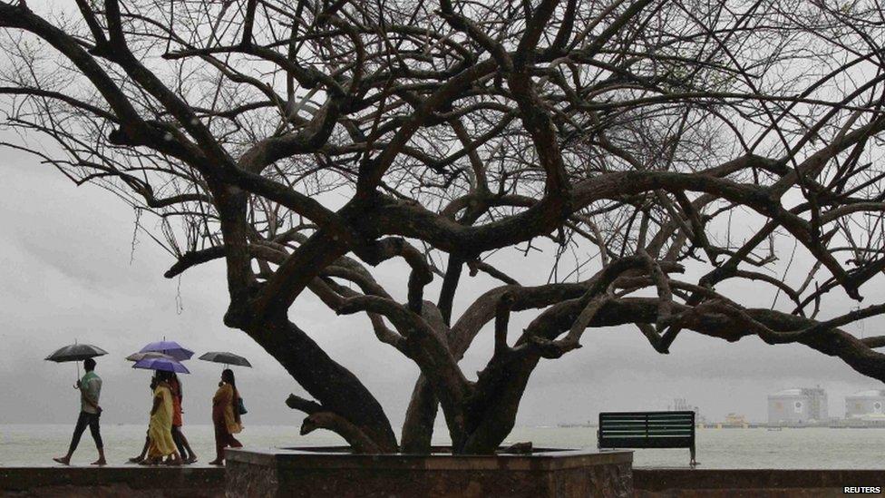 Beachgoers stroll along the Fort Kochi beach while holding umbrellas during a rain shower in the southern Indian city of Kochi May 29, 2013. India's weather office has forecast an average monsoon in the country in 2013.