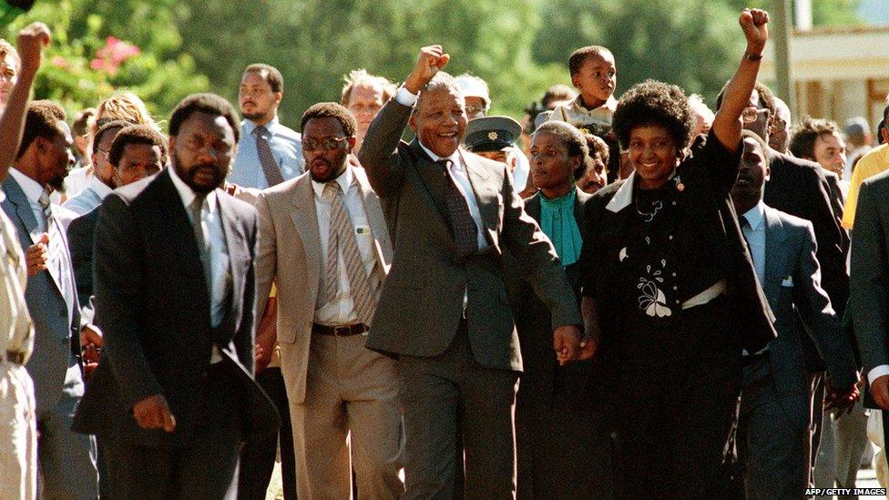 Nelson Mandela after his prison release in 1990