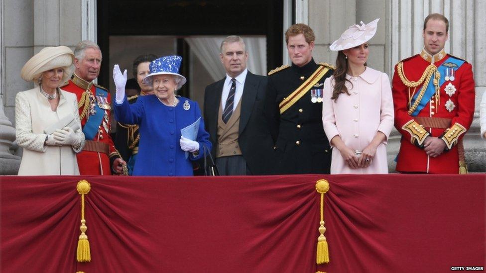 Camilla, Duchess of Cornwall, Camilla, Duchess of Cornwall, Princess Anne, Princess Royal, Queen Elizabeth II, Prince Andrew, Duke of York, Prince Harry, Catherine, Duchess of Cambridge and Prince William, Duke of Cambridge stand on the balcony at Buckingham Palace