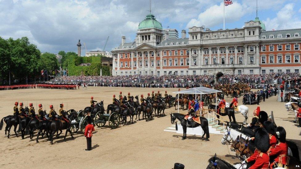 Queen Elizabeth II inspects the Household Cavalry during the Colour at Horse Guards Parade