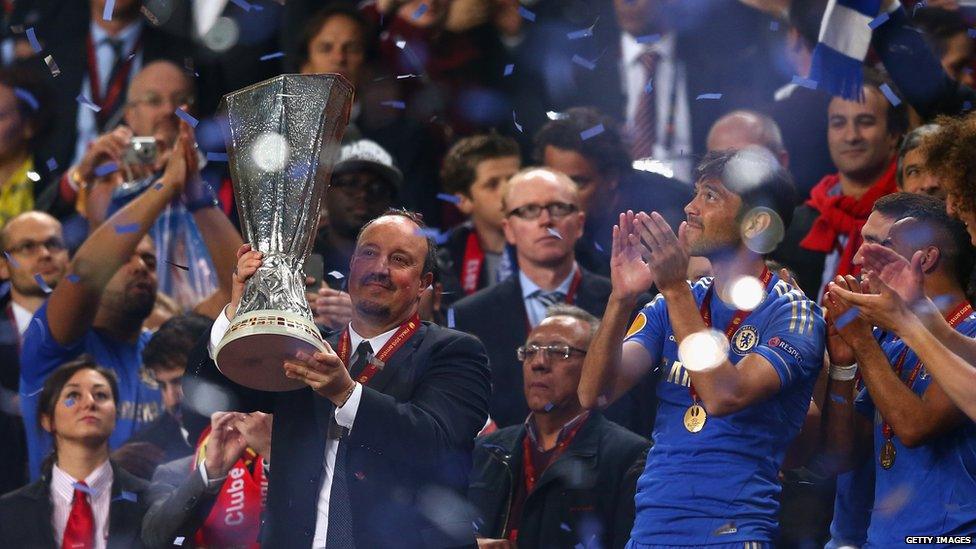 Chelsea interim manager Rafael Benitez poses with the Europa League trophy after the victory over Benfica at Amsterdam Arena on 15 May, 2013 in the Netherlands.