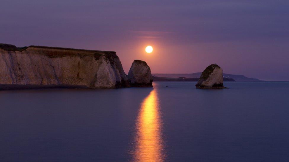 A hazy purple sky with a bright moon, overlooks a purple sea with a headland and large rocks.