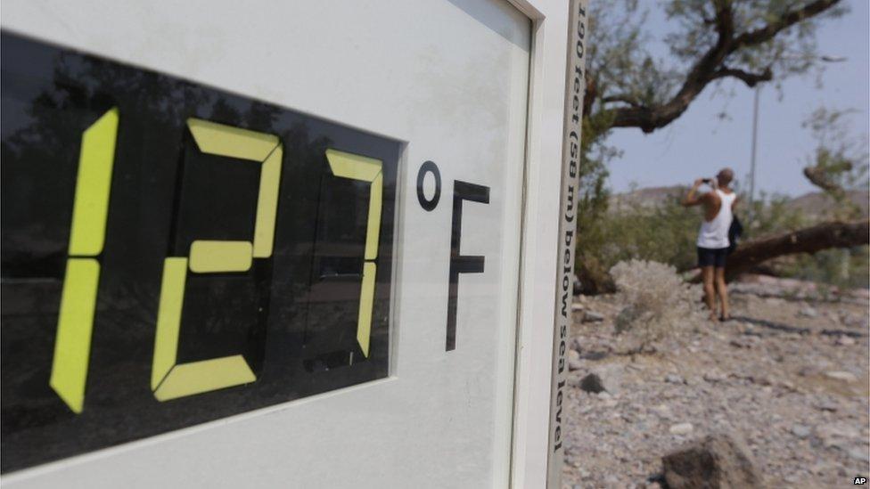 Thermometer reading 127F (47C) in Death Valley, California (28 June 2013)