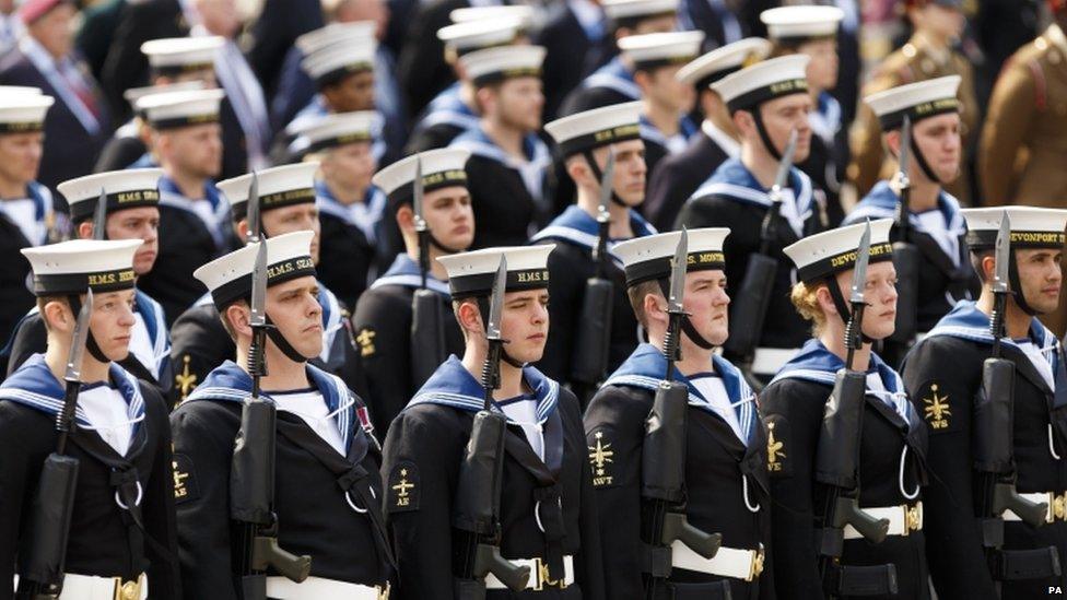 Royal Naval service personnel gather for the Armed Forces" Day Parade in Portsmouth