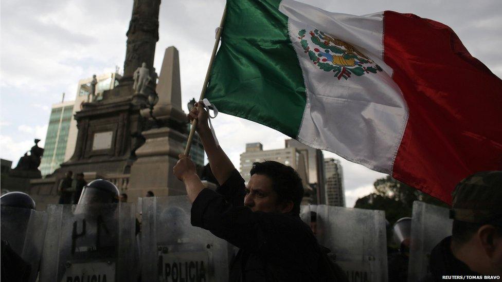 A demonstrator holds a Mexican national flag in front of riot policemen during a protest against the privatisation of the state oil monopoly Pemex at the Angel of Independence in Mexico City, 1 July