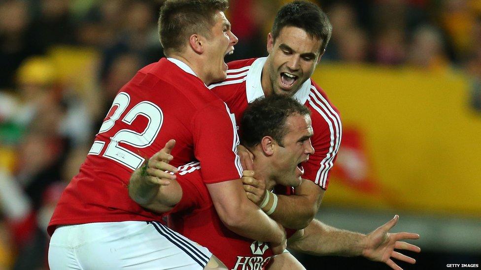 Australia v British and Irish Lions third Test Jamie Roberts is congratulated by Owen Farrell (left) and Conor Murray