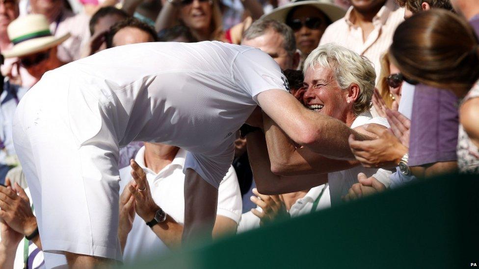 The Wimbledon champion climbed through the crowd to thank his team, including his mum Judy.