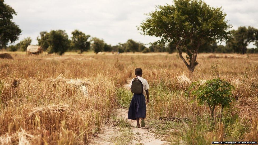 Tanzanian schoolgirl Sylvia walking through a field of scrub by her home to the road