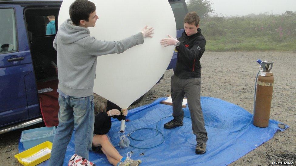 Pupils at Penair school with their balloon