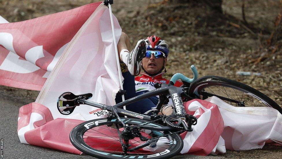 Netherlands' Johnny Hoogerland falls during the 213 km first stage from Porto-Vecchio - Bastia