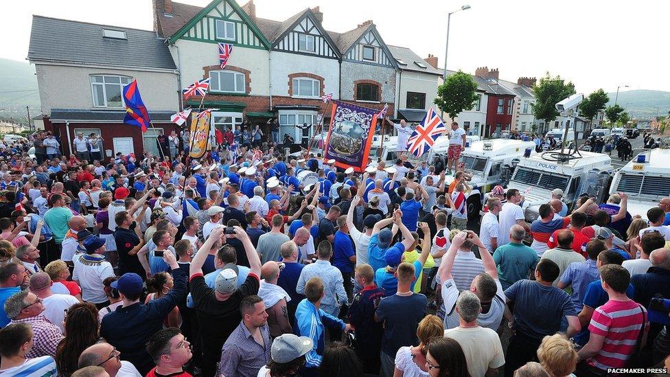 Crowds at police line