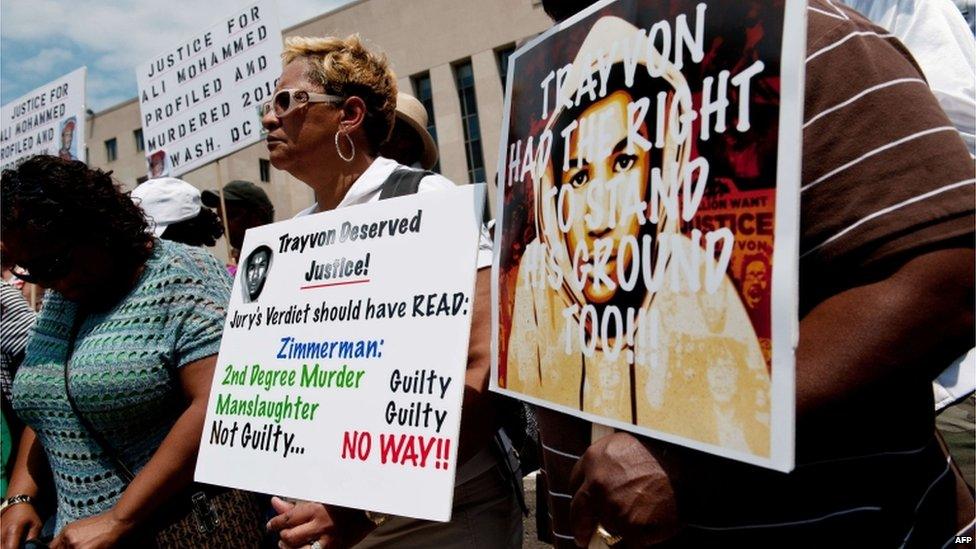 A demonstration in Washington against the verdict handed down to George Zimmerman over the death of black teenager Trayvon Martin, 20 July 2013