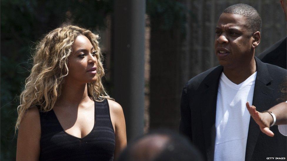 Singer Beyonce and husband Jay Z at the New York rally a week after the verdict of not guilty handed down to George Zimmerman over the death of black teenager Trayvon Martin, 20 July 2013