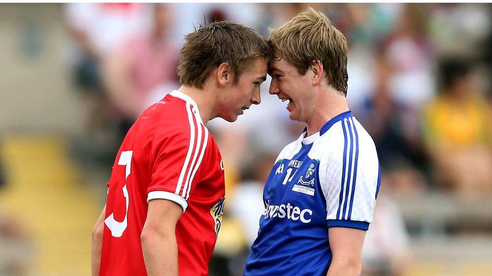 Ryhs Quinn and Fearghal McMahon lock horns during a dramatic Ulster MFC final at Clones