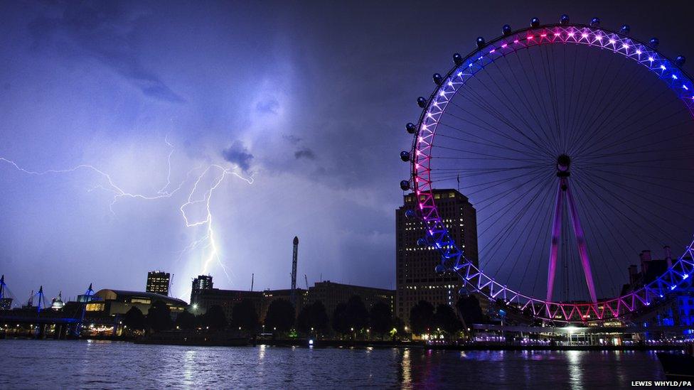 Lightning behind the London Eye