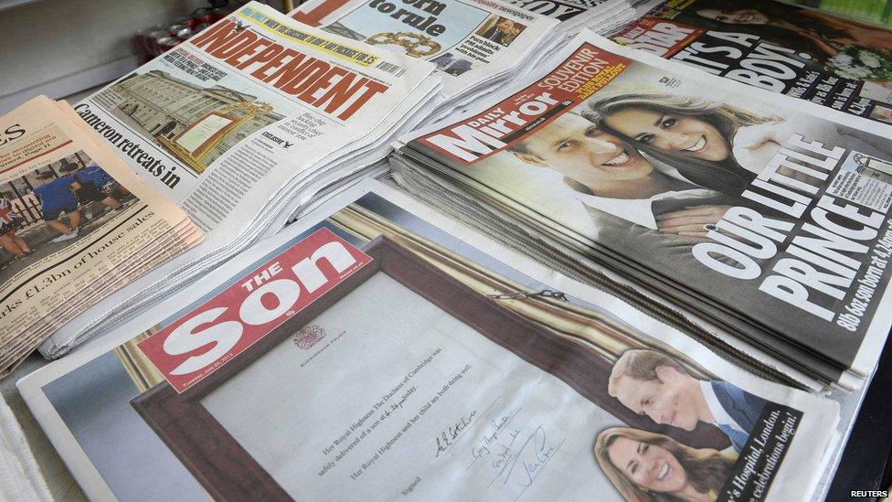 Newspapers marking the birth of the royal baby