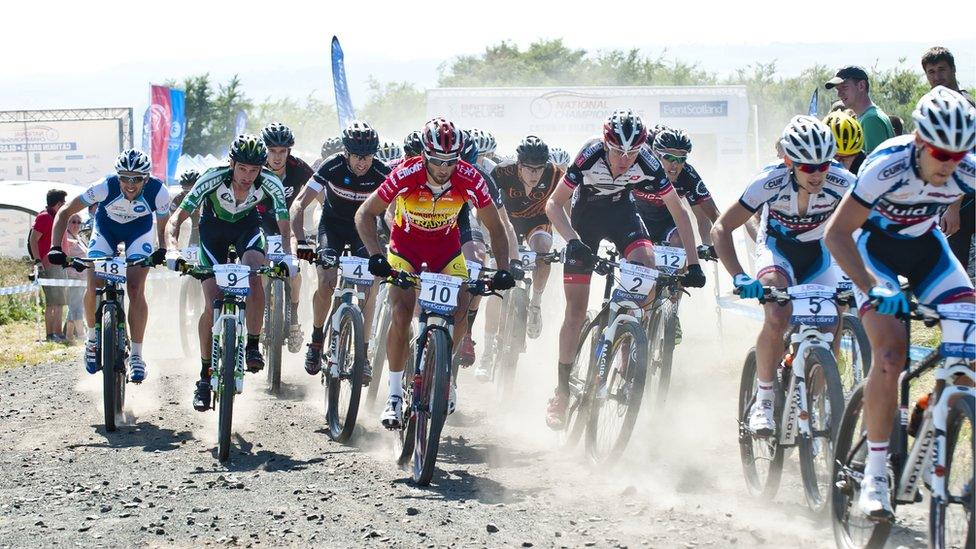 The senior men's race gets under way at the British Cycling Mountain Bike Cross-Country Championships in Glasgow