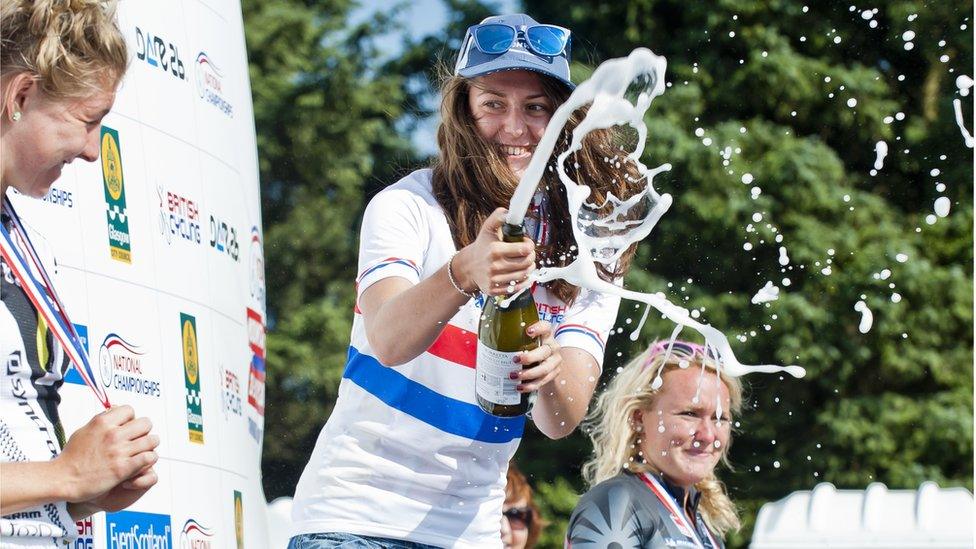 Bethany Crumpton celebrates in traditional style after winning the women's Under-23 race ahead of Rebecca Preece and Carla Haines