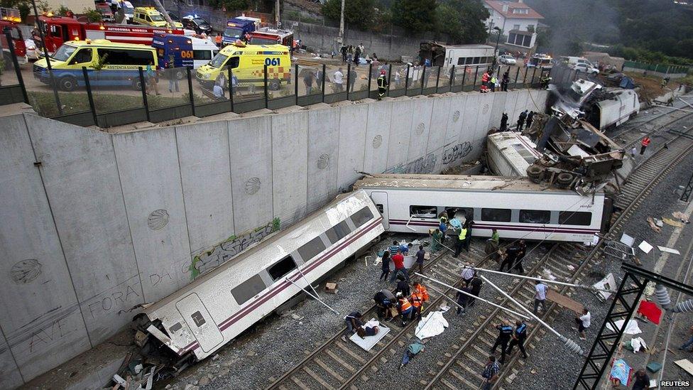 Wreckage of derailed train near Santiago de Compostela