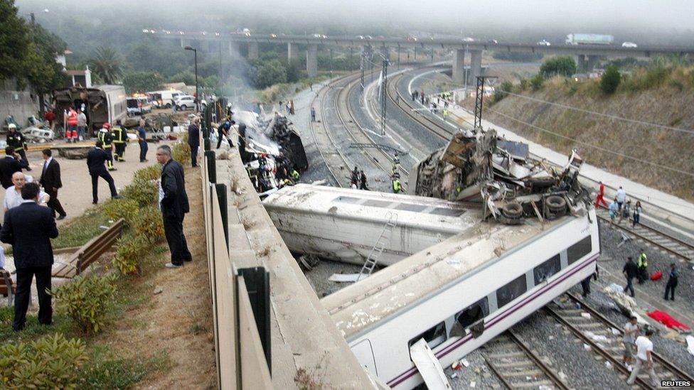 Wreckage of derailed train near Santiago de Compostela