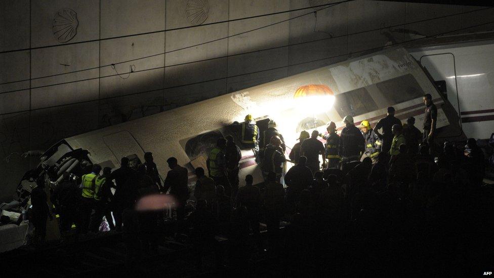 Wreckage of derailed train near Santiago de Compostela.
