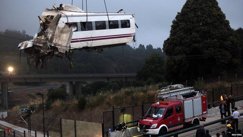 One of the carriages in the air hoisted by a crane over a road.