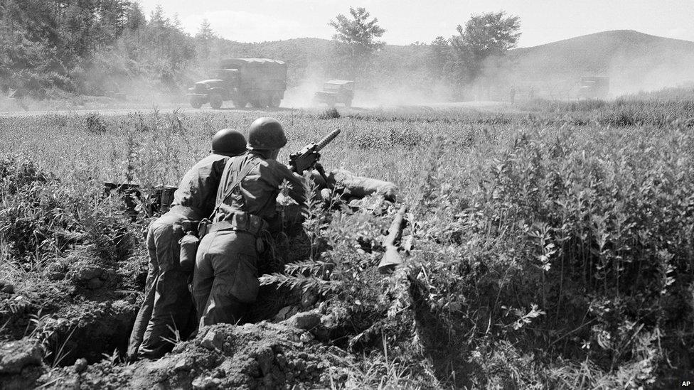 Machine gunner near United Nations advance truce camp in Korea