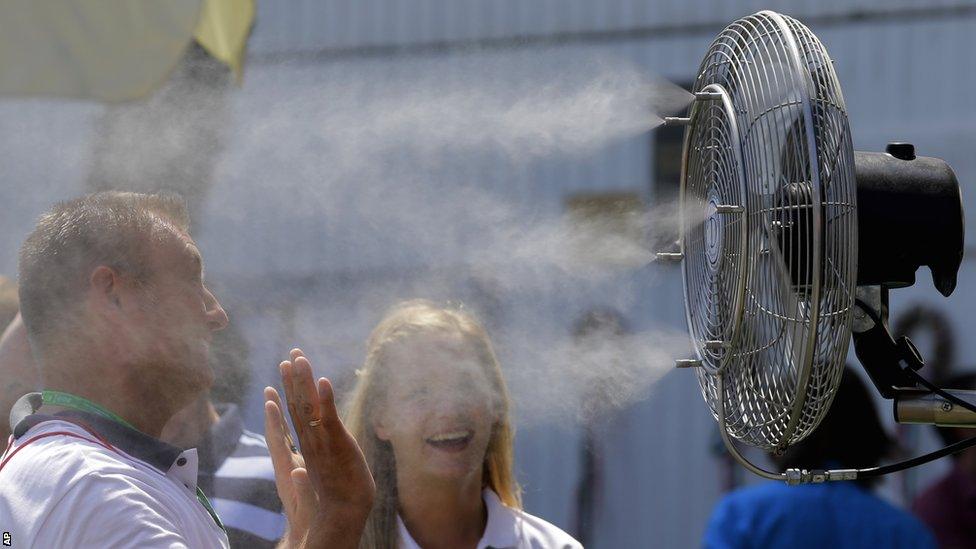 Man cooling himself in front of a fan