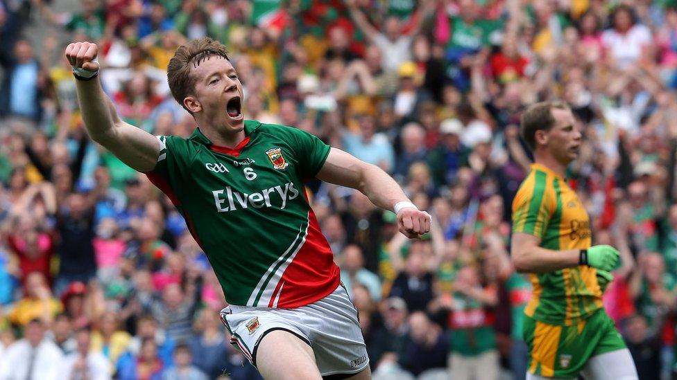 Donal Vaughan celebrates after scoring one of Mayo's goals against Donegal at Croke Park