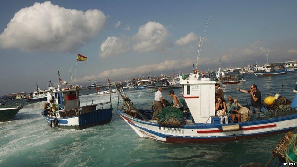 Spanish fishermen gather in their fishing boats during a protest at an area of the sea where an artificial reef was built by Gibraltar using concrete blocks, in Algeciras bay, La Linea de la Concepcion in southern Spain