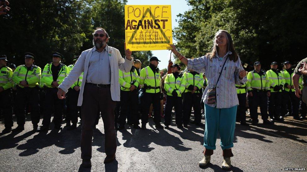 Protesters in front of police at Balcombe