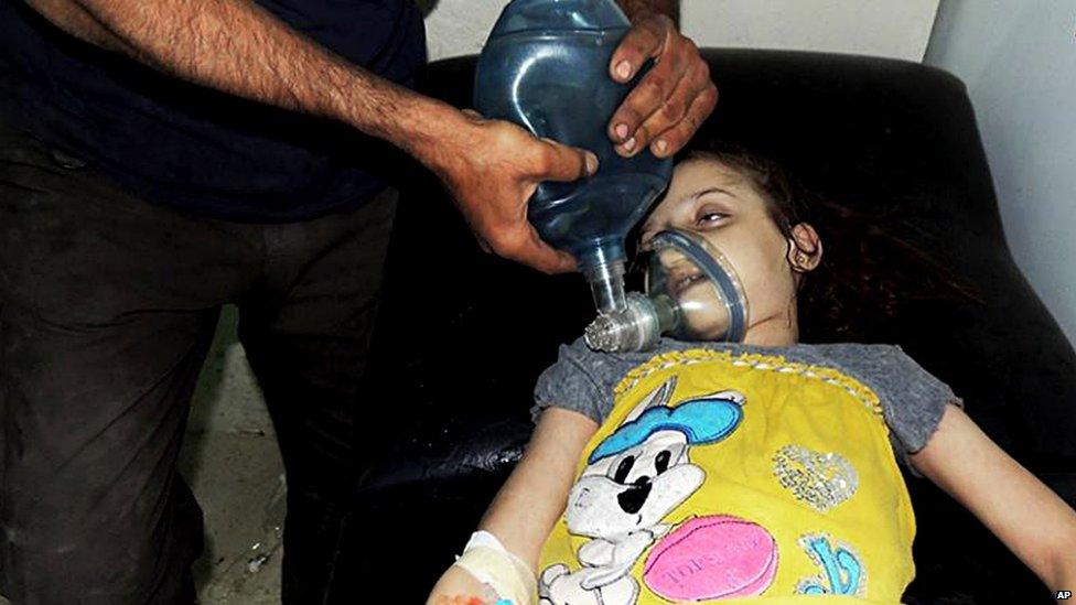 Image provided by Syrian opposition activists purportedly showing a girl receiving treatment at a makeshift clinic in Irbin, Damascus (21 August 2013)