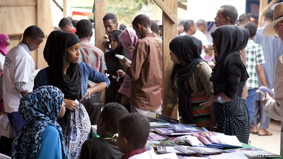 Young people browsing books at the book fair - Hargeisa, Somaliland