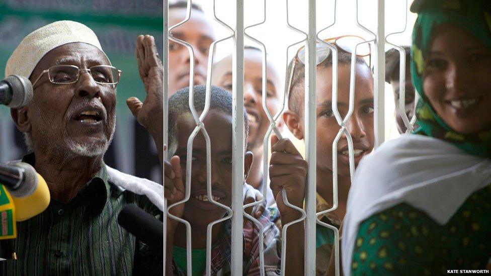 Left: Somali poet Hadraawi speaking at the book fair opening Right: Young boys crowd at the doorway to see Hadraawi reciting his poetry - - Hargeisa, Somaliland