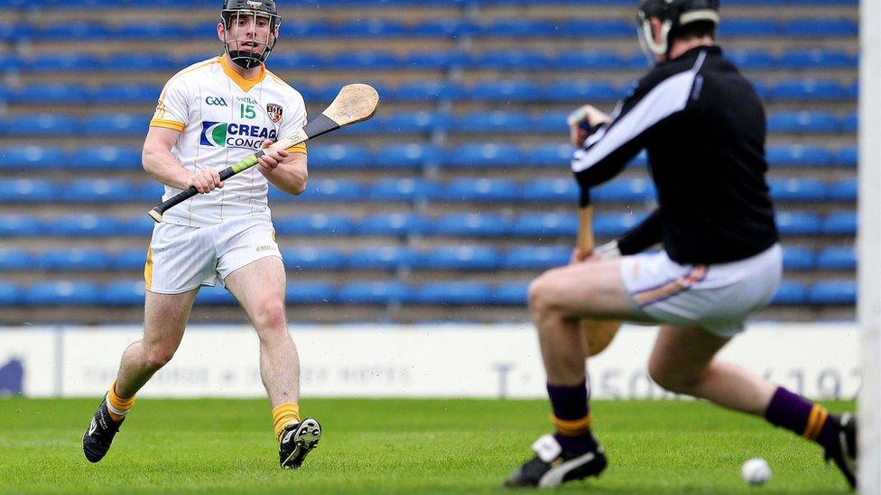 Ciaran Clarke scores a goal for Antrim against Wexford in the semi-finals of the All-Ireland Under-21 Championship