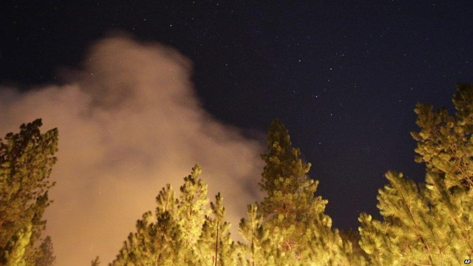 Trees lit up at night under a starry sky as Rim Fire burns in California on 25 August 2013