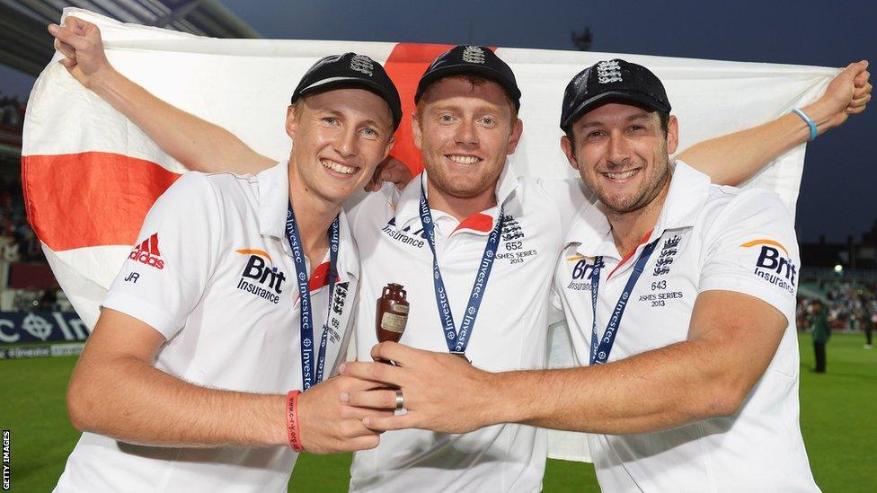 Joe Root, Jonny Bairstow and Tim Bresnan show off the prize - Root was England's third highest-scoring batsman of the series.