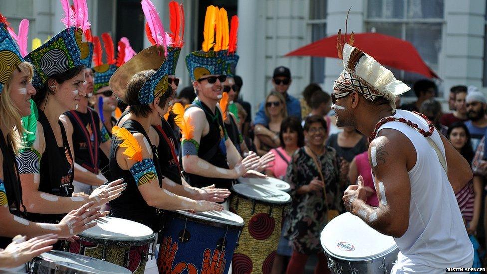 Entertainers playing the drums at the Notting Hill Carnival. Photo: Justin Spencer