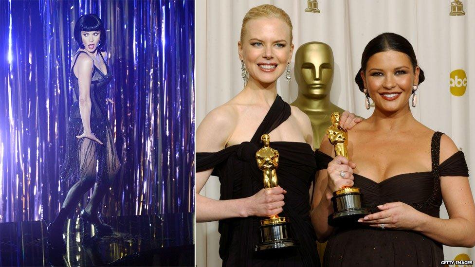 Catherine Zeta Jones in Chicago and, right, at the 2003 Oscar ceremony