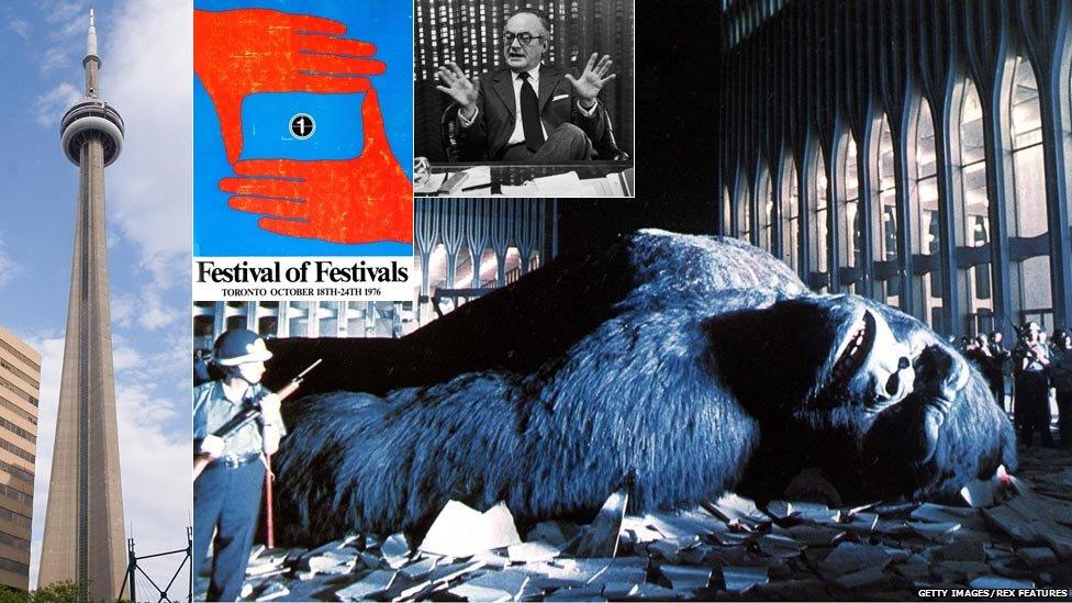 Clockwise from left: CN Tower; First festival programme cover; Dino De Laurentiis; King Kong still