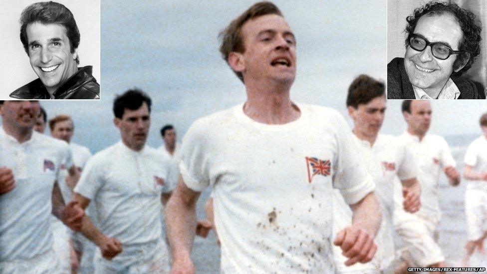 L to R: Henry Winkler as The Fonz; Ben Cross, Ian Charleson and others in Chariots of Fire; Jean-Luc Godard